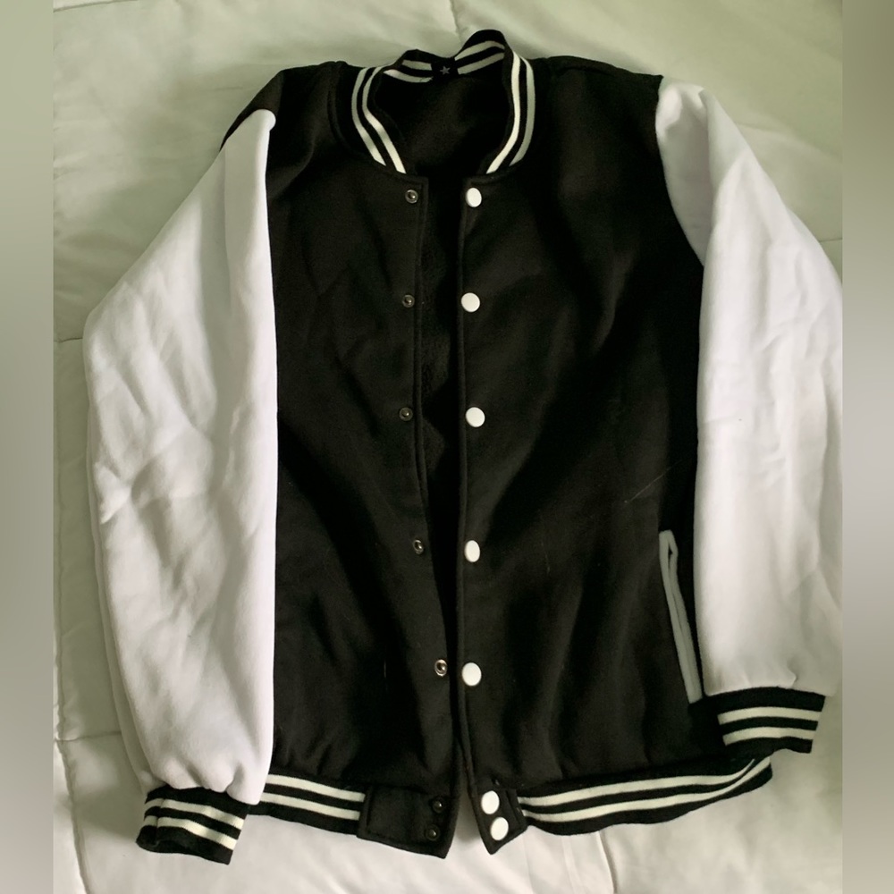 Size S Letterman jacket, black, and white